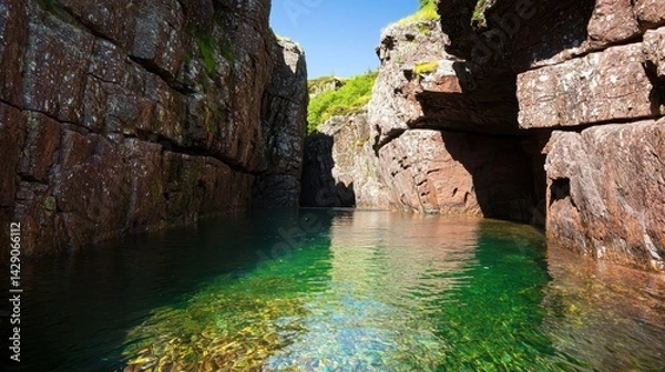 Fototapeta A serene, rocky inlet with clear turquoise waters surrounded by steep cliffs and lush greenery, creating a tranquil natural landscape.