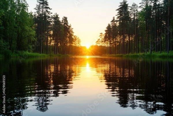 Fototapeta A tranquil sunset reflecting on a serene lake surrounded by tall trees, creating a picturesque natural landscape.