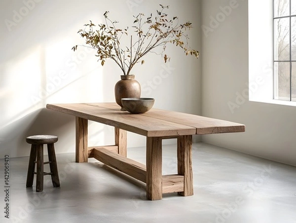 Obraz Minimalist wooden dining table in bright studio space