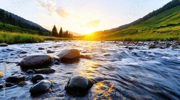 Fototapeta A serene landscape featuring a flowing river, smooth stones, and a vibrant sunset, surrounded by lush green hills and trees.