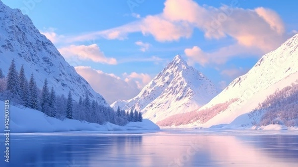 Fototapeta A serene winter landscape featuring snow-covered mountains and a calm, reflective lake under a pastel sky.