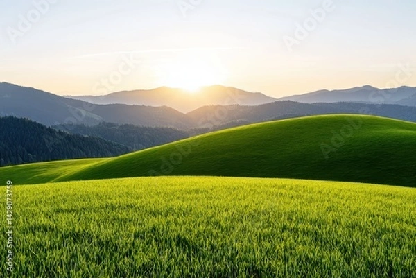 Fototapeta A serene landscape featuring rolling green hills, bathed in warm sunlight, with distant mountains under a clear sky.