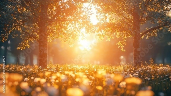 Fototapeta A serene landscape featuring trees illuminated by golden sunlight, surrounded by blooming flowers, creating a peaceful and warm atmosphere.
