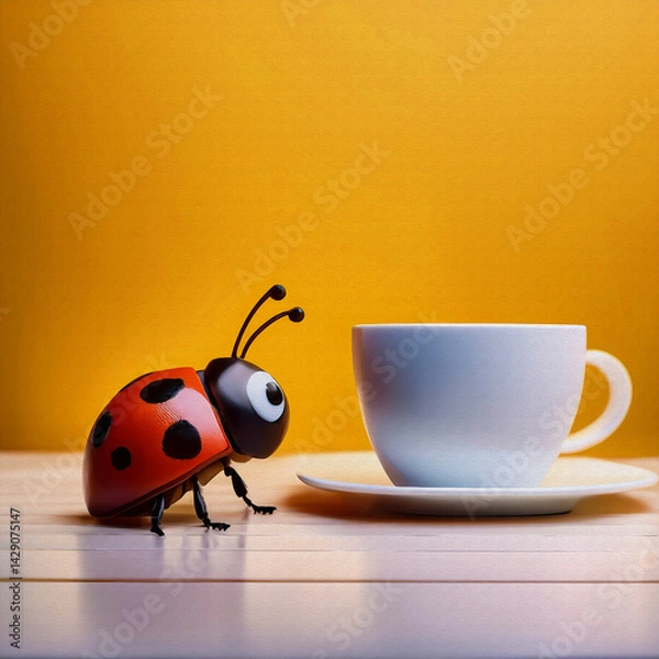Obraz oil painting style  illustrationsurprised ladybug look in front of desktop computer looking at monitor in yellow background 