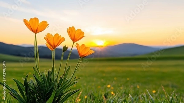Fototapeta A cluster of bright orange flowers bloom in a lush green field during sunset, creating a serene and picturesque natural scene.