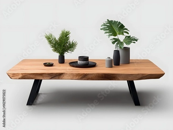 Fototapeta Rustic wooden table with modern metal legs showcases elegant minimalist design