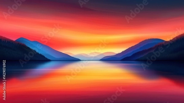 Fototapeta A serene landscape featuring mountains reflected in a calm lake, bathed in vibrant hues of orange, pink, and blue during sunset.