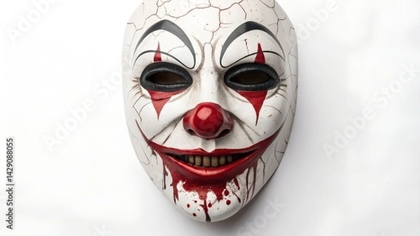 Fototapeta his image features a terrifying clown mask isolated against a stark white background. The mask has a white, heavily cracked surface, giving it an aged and damaged app