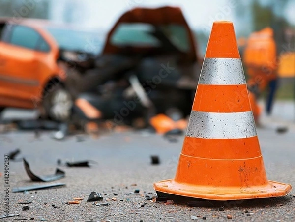 Fototapeta Traffic accident scene with orange cone urban road photo collision aftermath close-up safety awareness