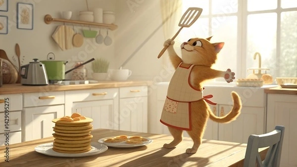 Fototapeta This delightful illustration portrays a cheerful orange cartoon cat standing proudly in a sun-drenched kitchen. Wearing a patterned apron tied with a red bow, the cat joyfu