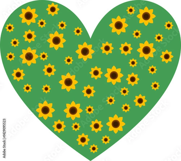 Fototapeta An artistic illustration featuring a vibrant green heart filled with bright yellow sunflowers, symbolizing love, care, and support for people with Autism Spectrum Disorder. 