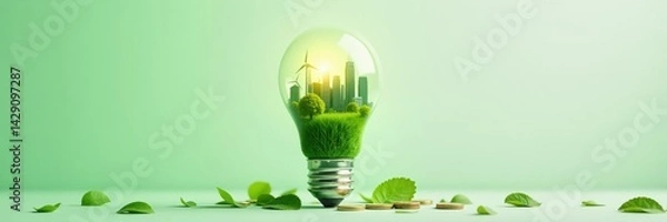 Fototapeta Green city with wind turbines and trees inside a light bulb surrounded by leaves and coins, concept of sustainable energy and investment