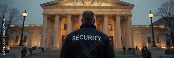 Fototapeta Security guard stands watch in front of a large classical building at dusk, protection and safety concept.
