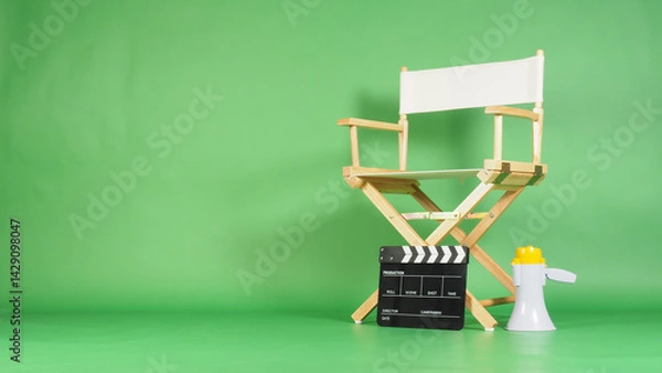 Fototapeta White Director chair with clapper board and megaphone on green screen background.