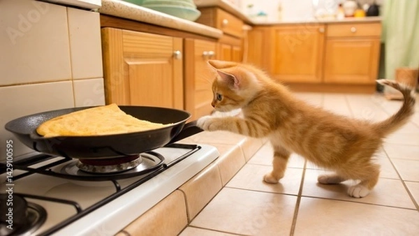 Fototapeta This candid photograph captures a small, curious orange tabby kitten standing on a tiled kitchen floor. With playful intent, it reaches out a paw towards the handle of a black fryi