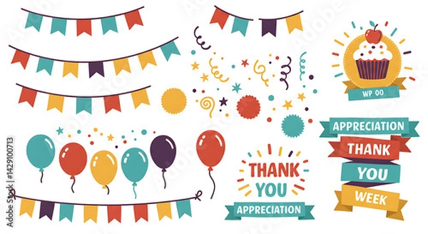 Fototapeta Cheerful Teacher Appreciation Week: Colorful Banners, Balloons, Cupcake, and Confetti Floating on Black Backdrop - Celebrating Educators with Graphic Design Elements for Online Use