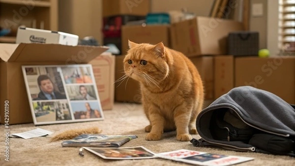 Fototapeta An orange Exotic Shorthair cat with a distinctively flat face sits amidst the clutter of what appears to be a moving or unpacking scene. The cat is positioned on a carpeted floor,