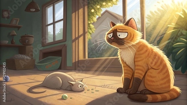 Fototapeta This charming illustration depicts two cats inside a sun-drenched room. A larger, orange tabby cat with Siamese-like markings sits upright, casting a distinctly grumpy or uni