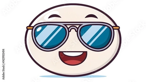 Fototapeta This is a cartoon illustration of a cool and happy emoji face. The round, off-white character is depicted with a wide, cheerful open-mouthed smile and is wearing stylish aviator-style sung