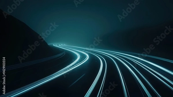 Fototapeta Long exposure of a winding highway illuminated by neon light trails in a foggy night setting