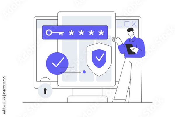 Fototapeta Global data security, personal data security, cyber data security online. Internet security, information privacy. Protection idea. Flat Cartoon Vector Illustration, icon. Stylish abstract design web