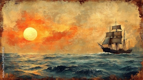 Obraz Majestic Sailing Ship Silhouetted Against a Fiery Sunset, Textur
