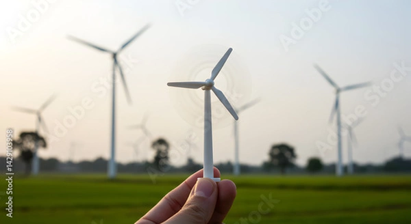 Fototapeta Hand Holding a Toy Wind Turbine with Blurred Wind Farm Background in Daytime