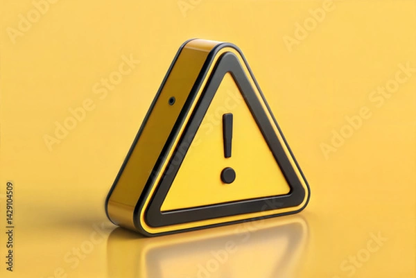 Fototapeta 3D Illustration of a Yellow Triangular Warning Sign with Exclamation Mark on Yellow Background