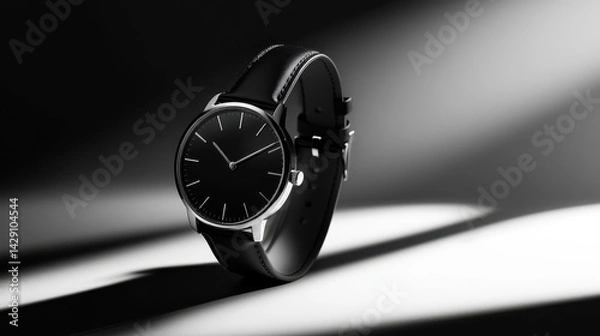 Fototapeta Elegant black watch with minimalist design showcased in dramatic lighting and shadows