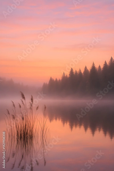 Obraz A serene lake at dawn surrounded by evergreen trees, with mist gently rising from the water, creating an ethereal and peaceful atmosphere perfect for relaxation.
