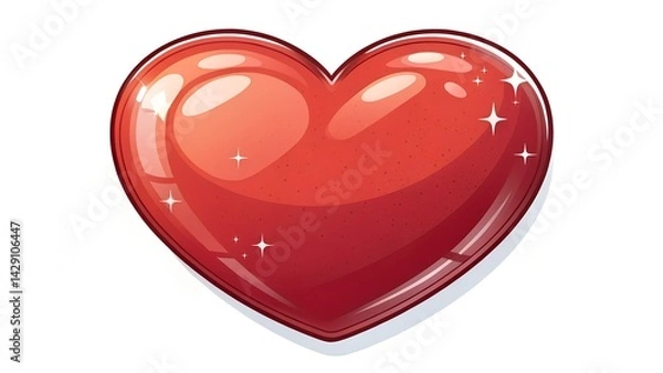 Fototapeta This is a vibrant illustration of a classic red heart shape, rendered with a highly glossy, reflective surface. Bright white highlights and small twinkling sparkles adorn its surface, g