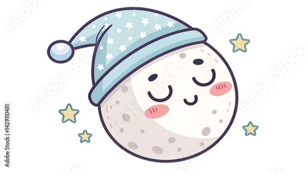 Fototapeta This is a charming cartoon illustration featuring a cute, personified moon fast asleep. The moon has closed eyes, rosy pink cheeks, and a content smile, radiating peacefulness. I