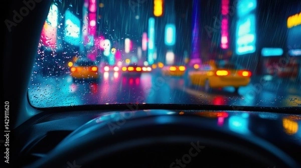 Fototapeta Nighttime cityscape viewed from a car, with rain on the windshield and vibrant neon lights