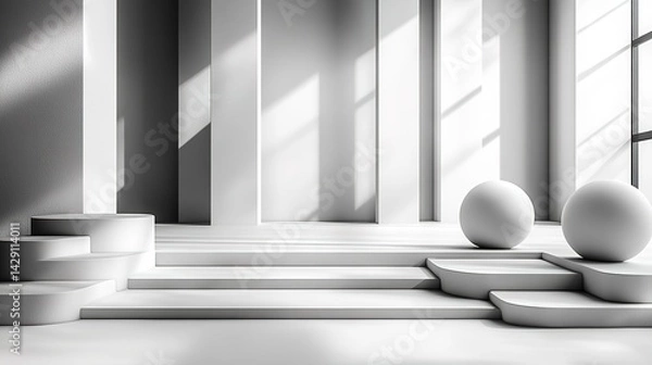 Obraz Minimalist White Architectural Space with Spheres and Steps