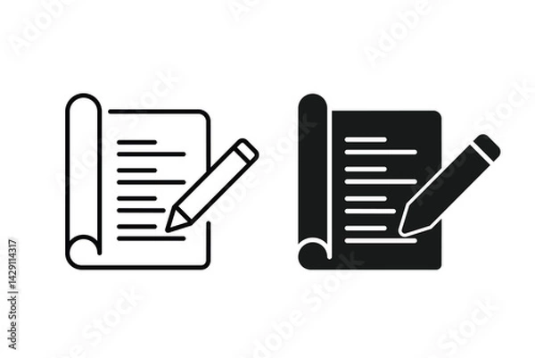 Obraz Notes symbol, pencil and paper book icon flat design isolated on white background 