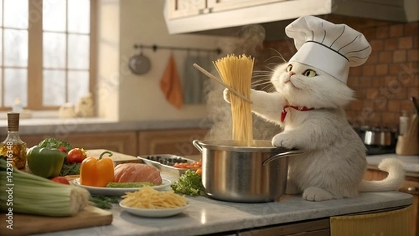 Fototapeta This charming and humorous image depicts a fluffy white cat playfully embodying a chef, complete with a tall white toque blanche hat and a small red bow tie/collar. Standing attentively at a k