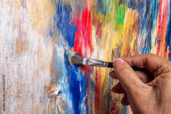 Fototapeta The image shows a close-up of a hand holding a paintbrush, applying strokes to a colorful, abstract painting on a canvas
