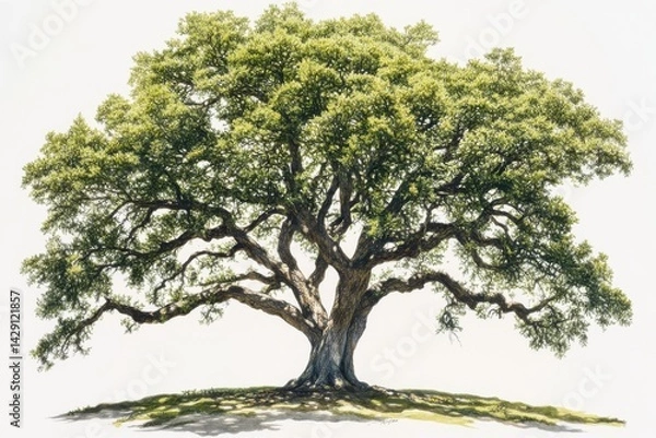 Fototapeta A large tree with green leaves and thick branches against a white ground