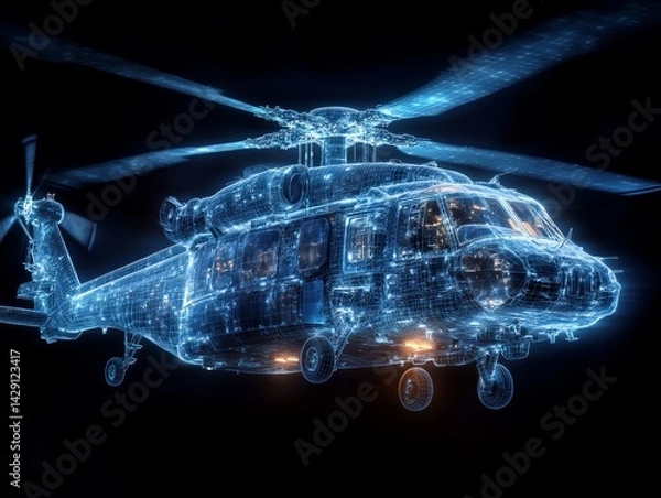 Fototapeta Digital Blueprint of a Futuristic Helicopter: A Glowing, Intricate Wireframe Design Showcasing Advanced Technology in a Black Background