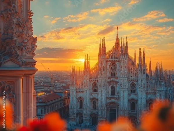 Fototapeta Milan Cathedral at Golden Hour: A Spectacular View of the Duomo di Milano Bathed in the Warm Light of Sunset, Showcasing its Gothic Architecture and Cityscape.