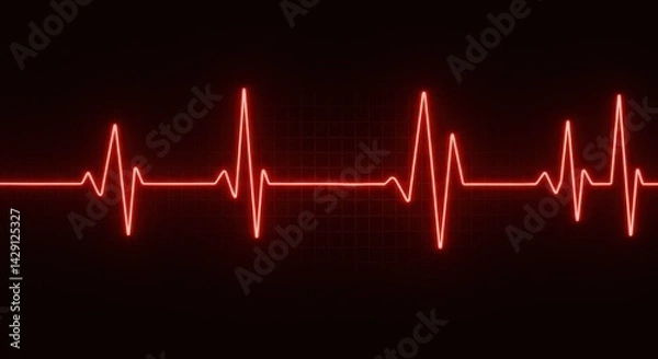Fototapeta Glowing red electrocardiogram waveform pulsing against dark background, symbolizing urgent cardiac activity and high-tech medical precision