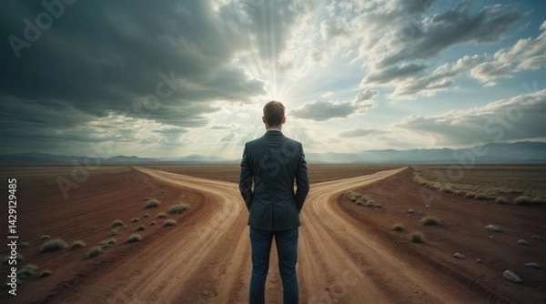Fototapeta Young male standing at fork in desert road under dramatic sky, symbolizing the difficult decisions and challenges in business and career .