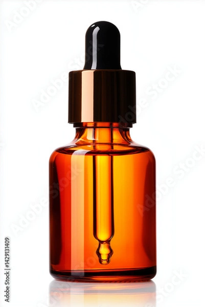 Fototapeta amber glass dropper bottle with black cap, elegantly isolated on white background, perfect for showcasing essential oils or serums. design is sleek and modern, evoking sense of luxury