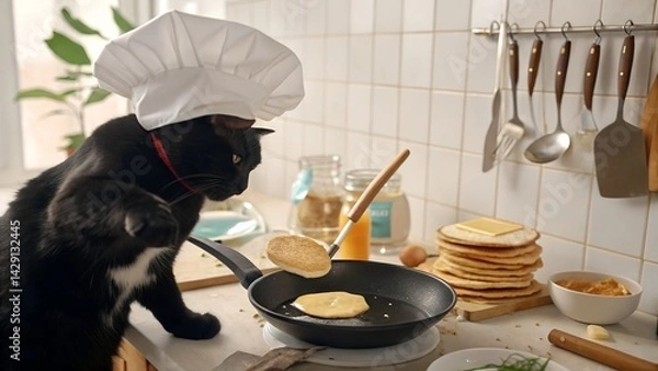 Fototapeta This humorous and adorable photograph features a black cat wearing a tall white chef's hat (toque blanche) standing attentively at a kitchen counter. The feline chef is skillfully using a 