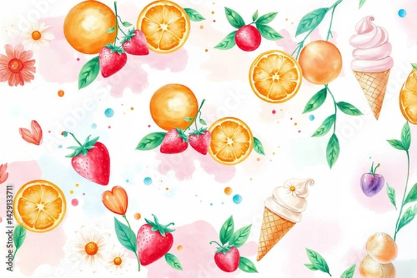 Fototapeta Cute pattern with oranges, strawberries, and ice cream cones in watercolor on white background, horizontal image.
