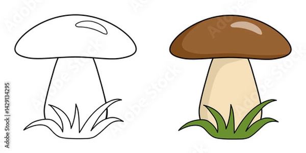 Fototapeta Mushroom for children's coloring book. Coloring page for children. White mushroom with a brown cap in the grass. Vector illustration.