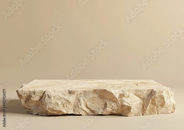 Fototapeta Beige stone platform.  A natural, textured stone slab sits on a beige background.  Ideal for showcasing products