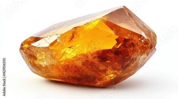 Obraz Clear macro view of a citrine gemstone with high detail and shine, isolated on white background
