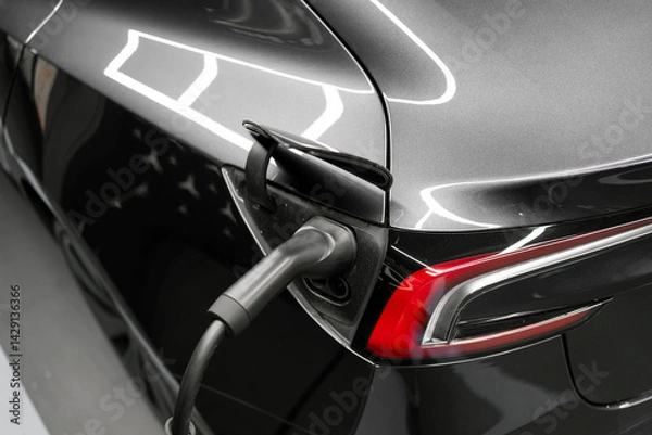 Fototapeta Close-up shot of an electric vehicle (EV) charging port with the charging cable plugged in to a black behicle