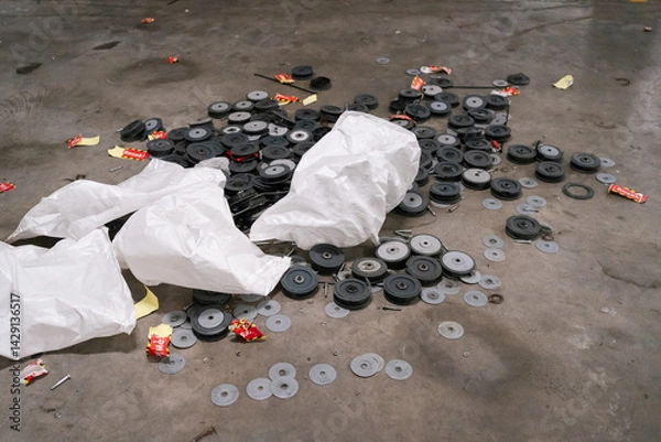 Fototapeta Multiple damaged black rubber wheels with bearings, scattered on a surface with some metal components visible and red labels.